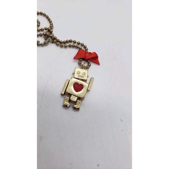 Cute Gold ROBOT and Love Pendant Necklace Arms Legs Move Red Bow Forever 21 - Picture 3 of 8